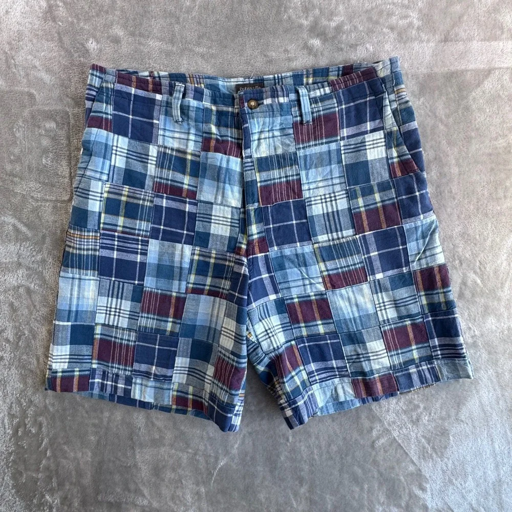 St Johns Bay Patchwork Plaid Shorts Mens 38 Blue Madras Preppy Coastal Cotton